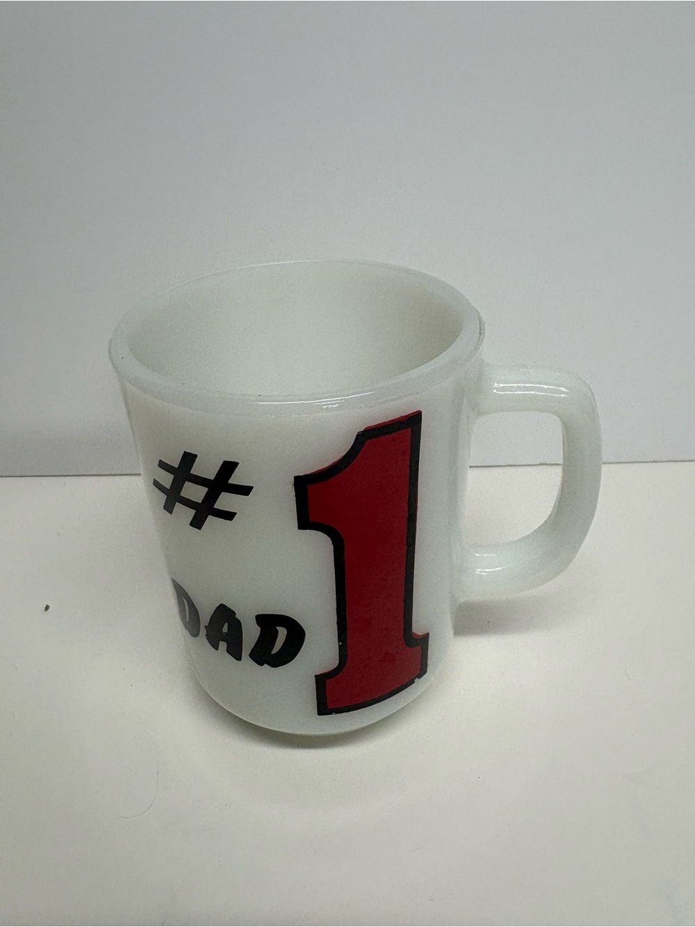 Vintage Anchor Hocking Fire King #1 Dad White Milk Glass 
Mug with Red Graphic